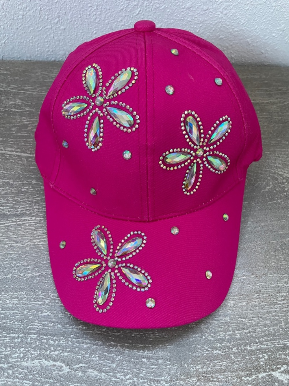 Bright Pink Rhinestone Floral Baseball Cap